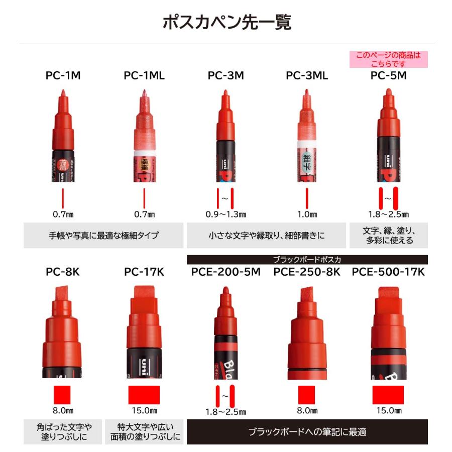 Mitsubishi Pencil Posca Medium Round Tip Marker 15-Color Set (PC5MC)